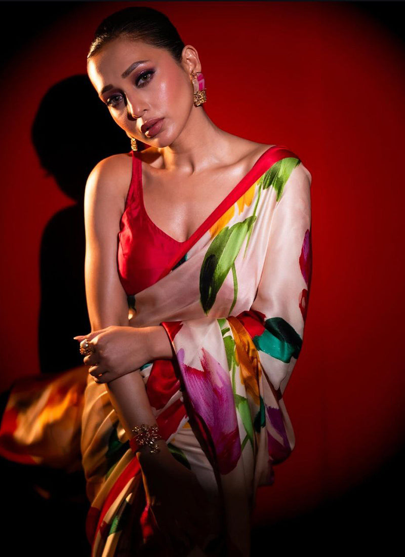 Off White Original Japan Devsena satin Saree Japan Satin Digital Print Blouse