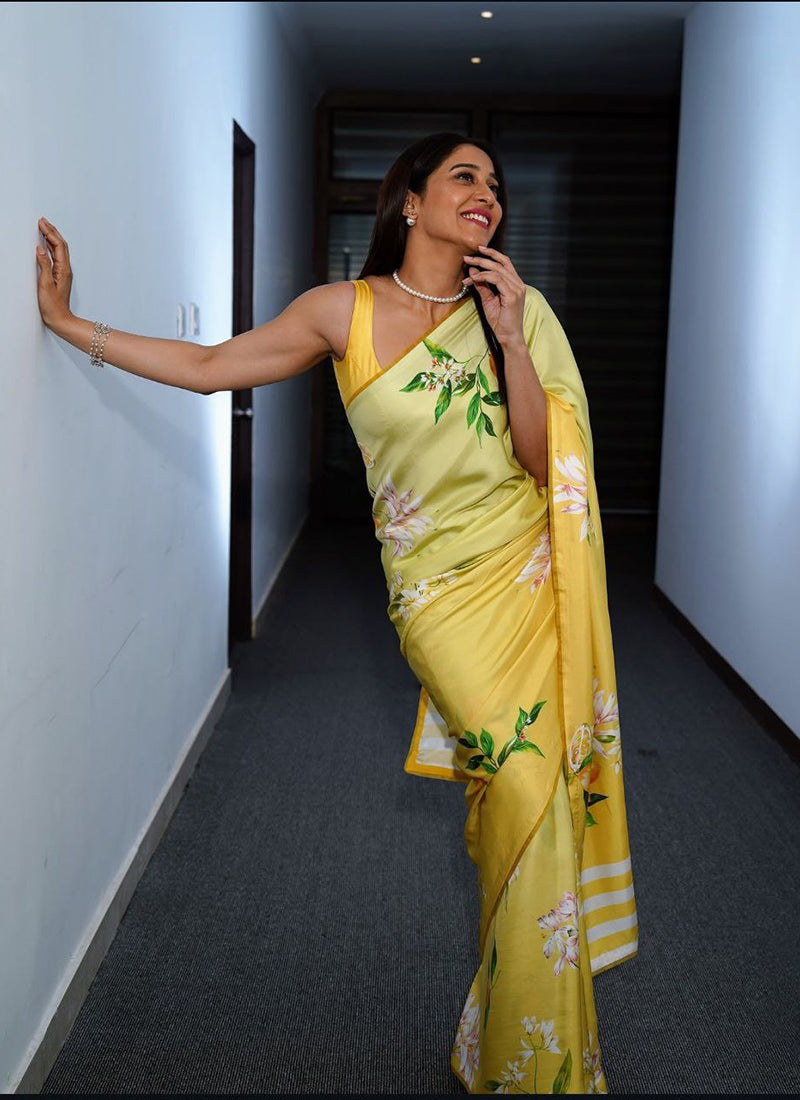 Lemon Yellow Original Japan Devsena satin Saree Japan Satin Digital Print Blouse