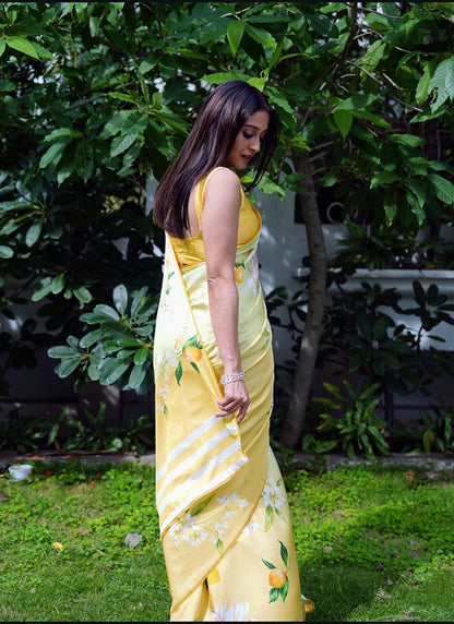Lemon Yellow Original Japan Devsena satin Saree Japan Satin Digital Print Blouse
