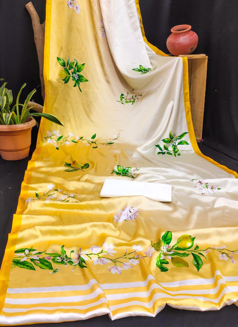 Lemon Yellow Original Japan Devsena satin Saree Japan Satin Digital Print Blouse