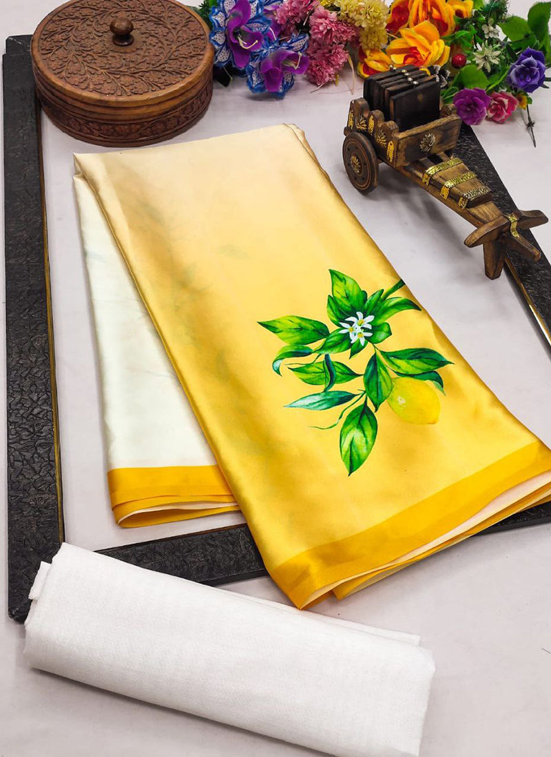 Lemon Yellow Original Japan Devsena satin Saree Japan Satin Digital Print Blouse