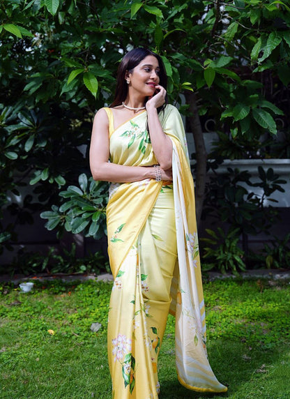 Lemon Yellow Original Japan Devsena satin Saree Japan Satin Digital Print Blouse