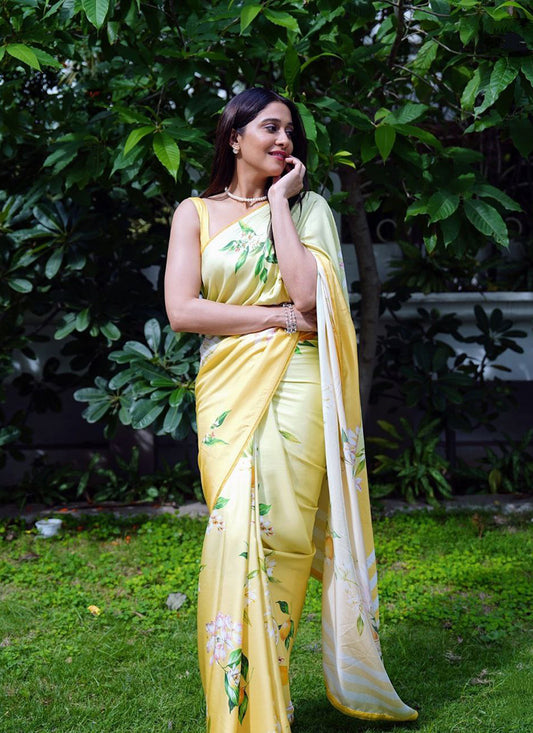 Lemon Yellow Original Japan Devsena satin Saree Japan Satin Digital Print Blouse
