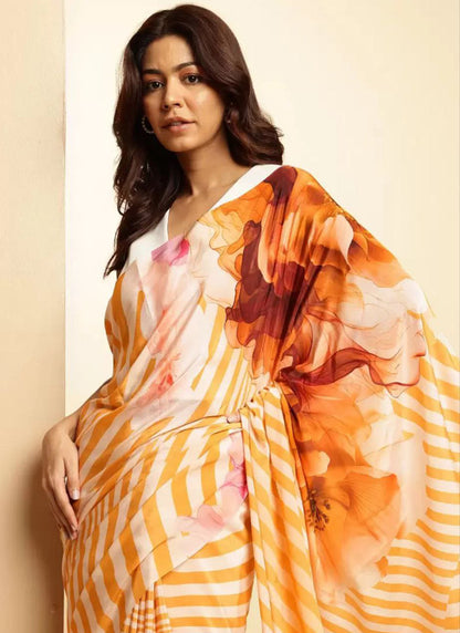 Multicolor Original Japan Devsena satin Saree Japan Satin Digital Print Blouse