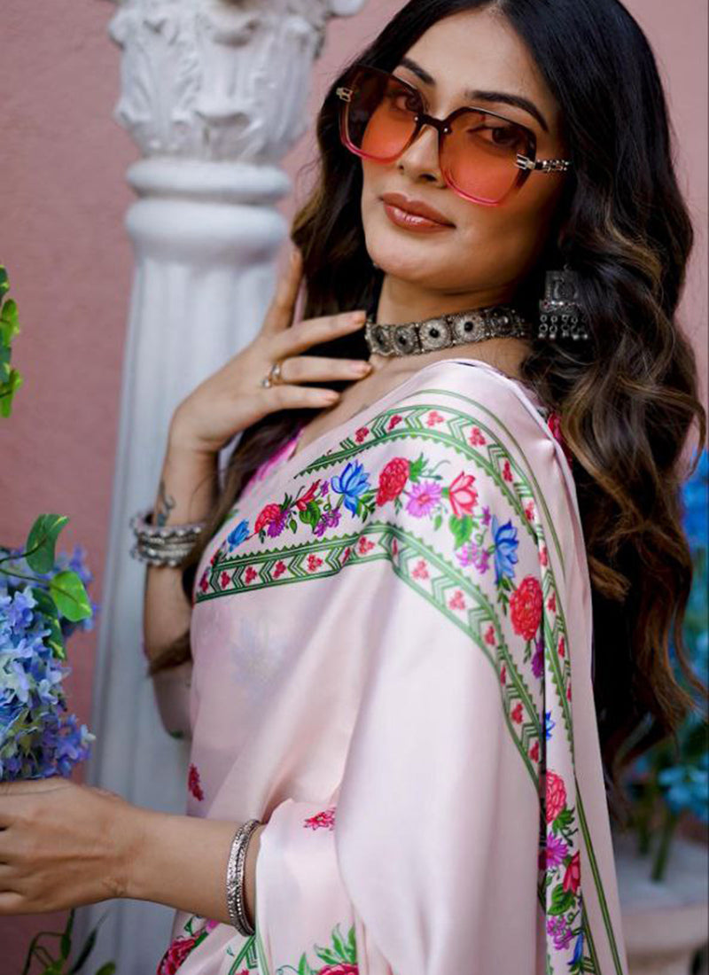 Off White Original Japan Devsena satin Saree Japan Satin Digital Print Blouse