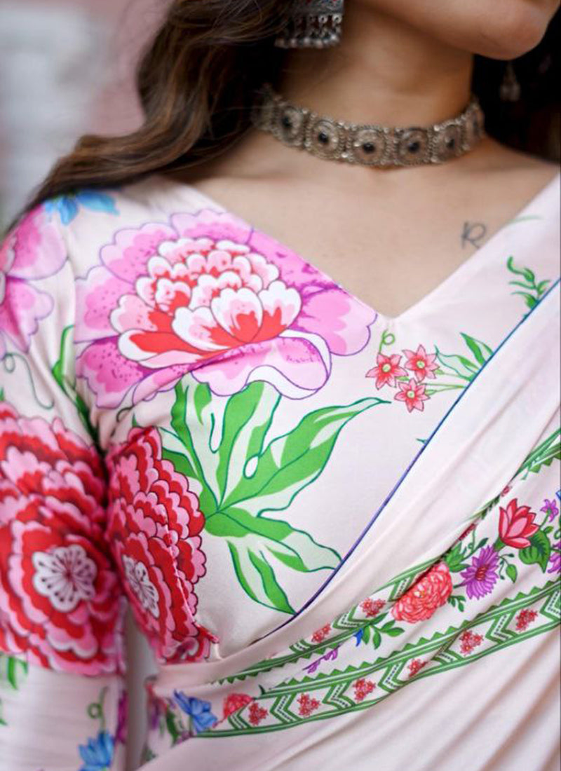 Off White Original Japan Devsena satin Saree Japan Satin Digital Print Blouse