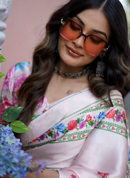 Off White Original Japan Devsena satin Saree Japan Satin Digital Print Blouse