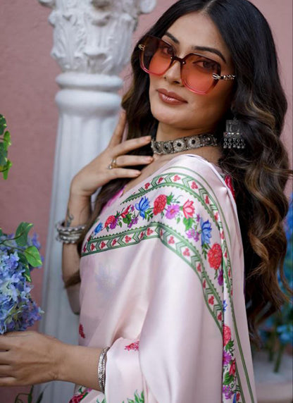 Off White Original Japan Devsena satin Saree Japan Satin Digital Print Blouse