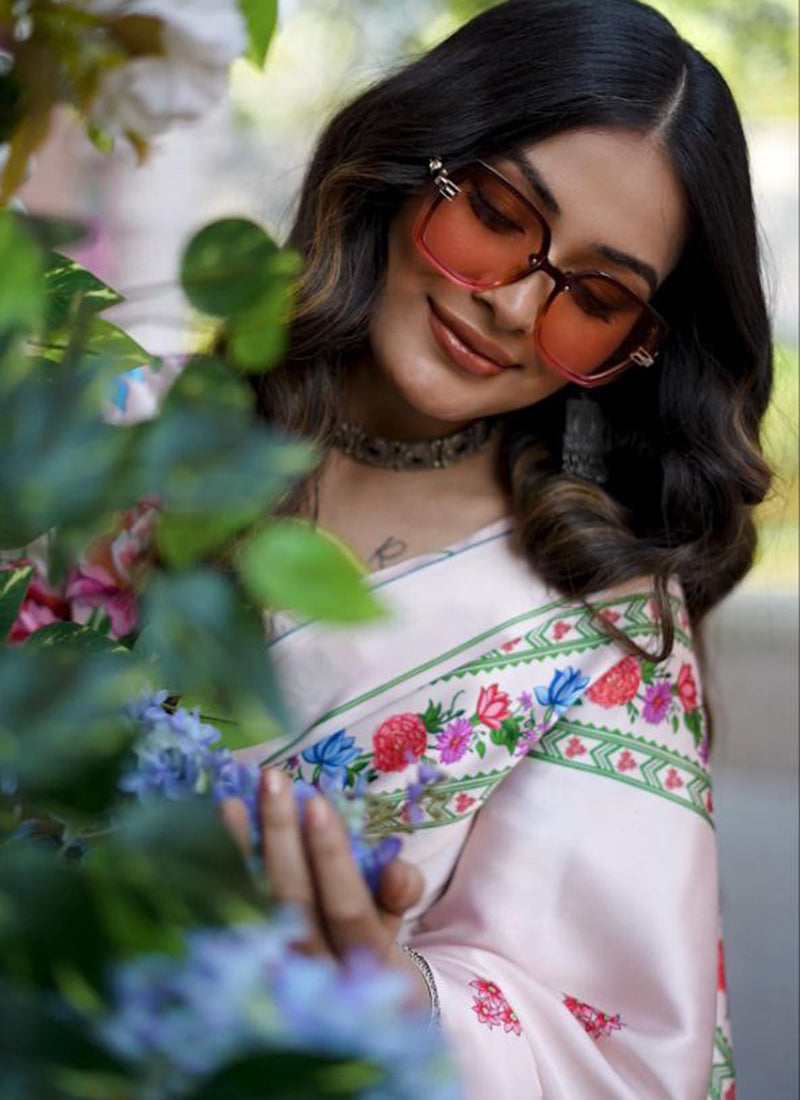 Off White Original Japan Devsena satin Saree Japan Satin Digital Print Blouse