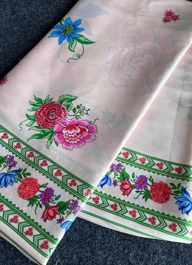 Off White Original Japan Devsena satin Saree Japan Satin Digital Print Blouse