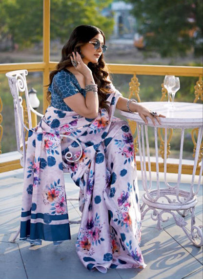 White Original Japan Devsena satin Saree Japan Satin Digital Print Blouse