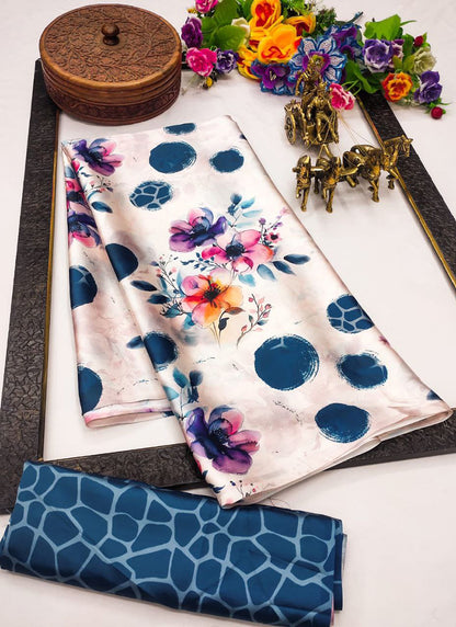 White Original Japan Devsena satin Saree Japan Satin Digital Print Blouse