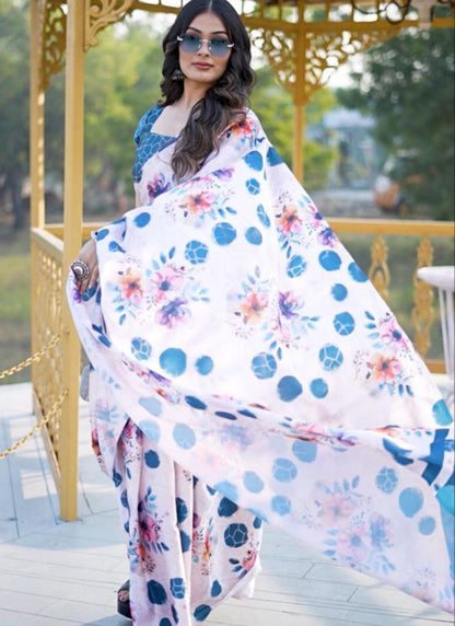 White Original Japan Devsena satin Saree Japan Satin Digital Print Blouse