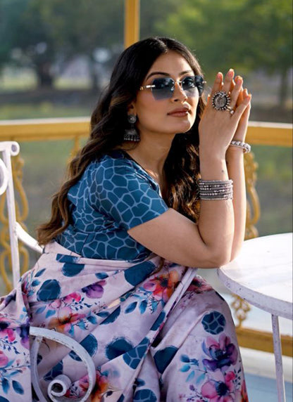 White Original Japan Devsena satin Saree Japan Satin Digital Print Blouse