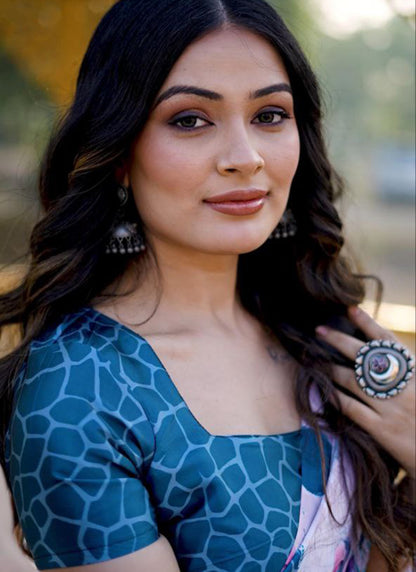 White Original Japan Devsena satin Saree Japan Satin Digital Print Blouse