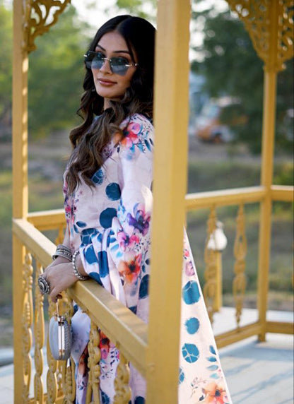 White Original Japan Devsena satin Saree Japan Satin Digital Print Blouse