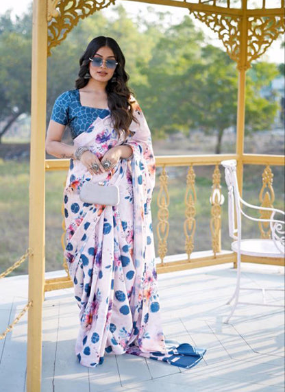 White Original Japan Devsena satin Saree Japan Satin Digital Print Blouse