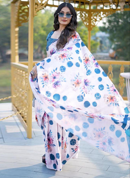 White Original Japan Devsena satin Saree Japan Satin Digital Print Blouse