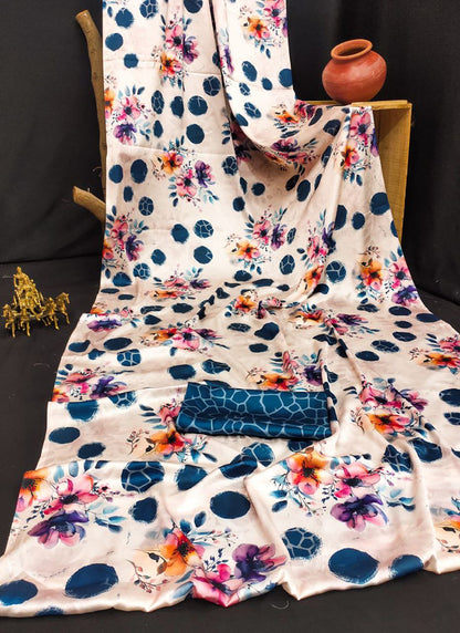 White Original Japan Devsena satin Saree Japan Satin Digital Print Blouse