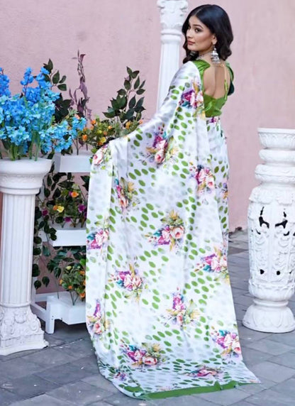 White Original Japan Devsena satin Saree Japan Satin Digital Print Blouse