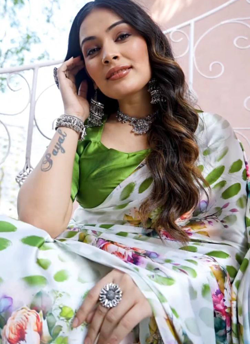 White Original Japan Devsena satin Saree Japan Satin Digital Print Blouse