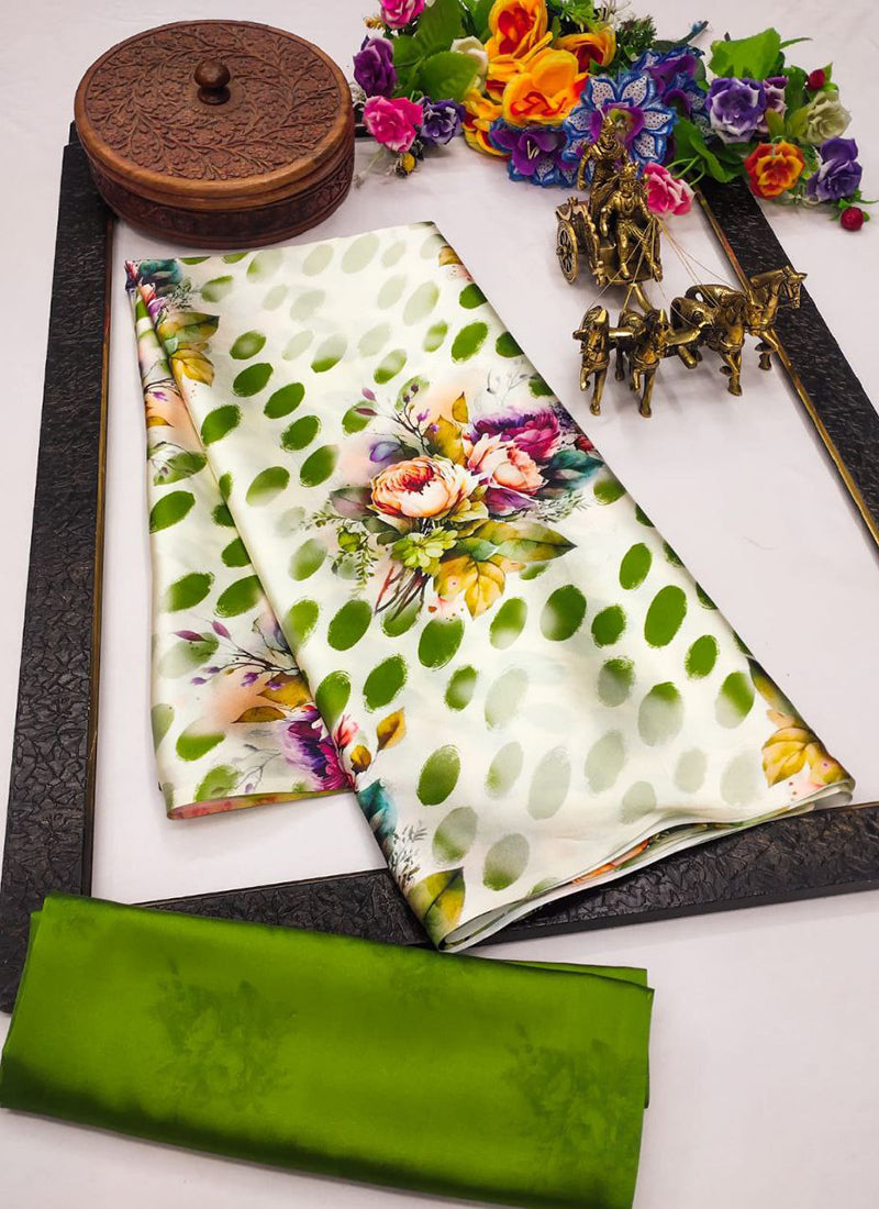 White Original Japan Devsena satin Saree Japan Satin Digital Print Blouse