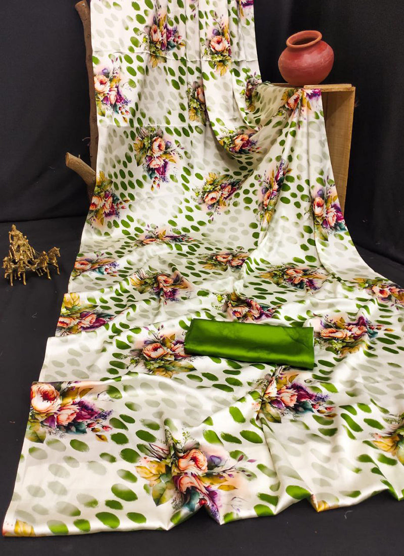 White Original Japan Devsena satin Saree Japan Satin Digital Print Blouse