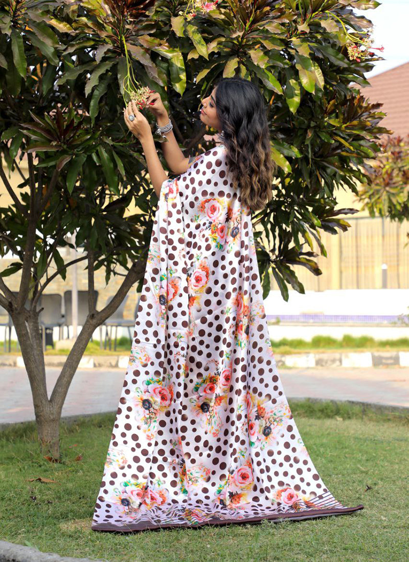 White Original Japan Devsena satin Saree Japan Satin Digital Print Blouse