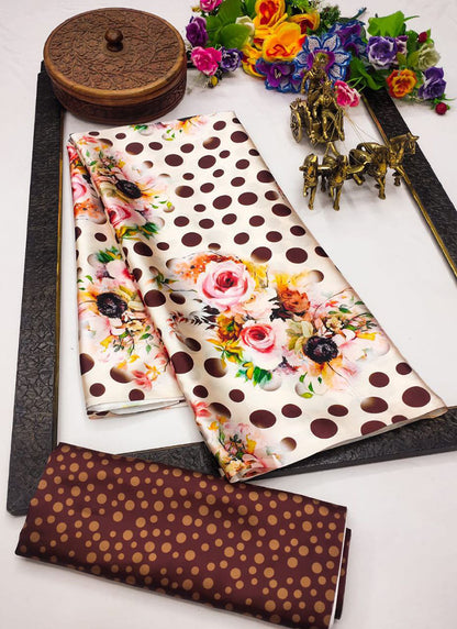 White Original Japan Devsena satin Saree Japan Satin Digital Print Blouse