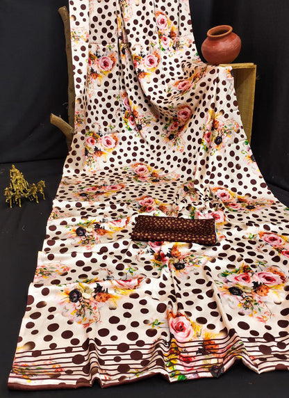 White Original Japan Devsena satin Saree Japan Satin Digital Print Blouse