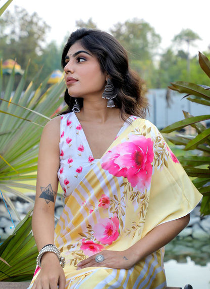 Multicolor Original Japan Devsena satin Saree Japan Satin Digital Print Blouse