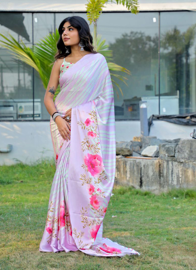 Multicolor Original Japan Devsena satin Saree Japan Satin Digital Print Blouse