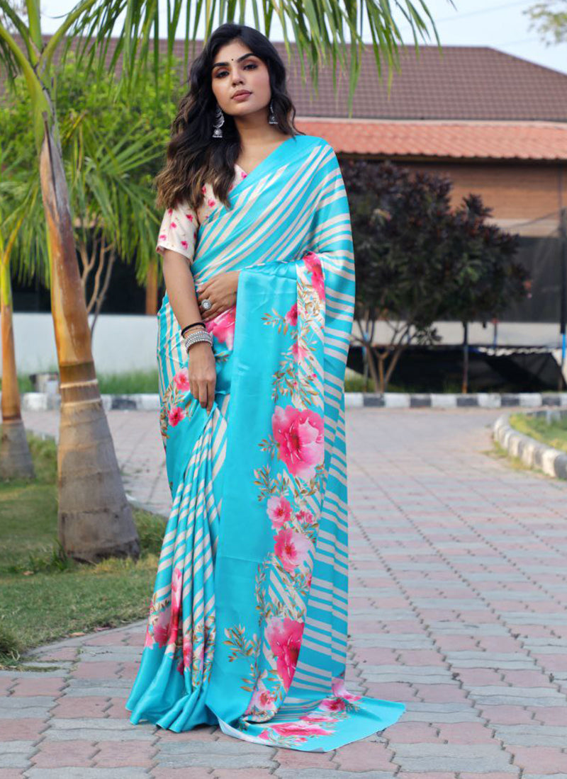 Multicolor Original Japan Devsena satin Saree Japan Satin Digital Print Blouse