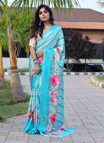 Multicolor Original Japan Devsena satin Saree Japan Satin Digital Print Blouse