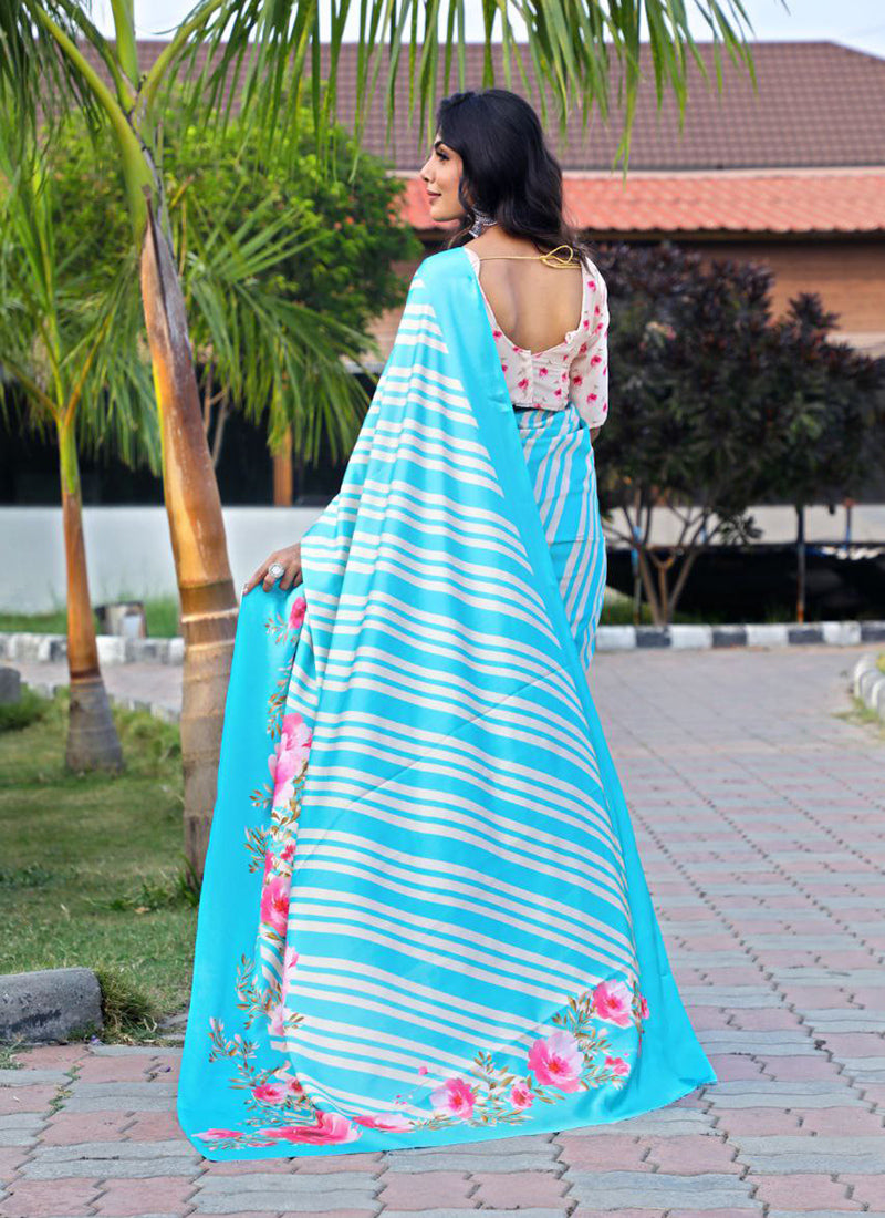 Multicolor Original Japan Devsena satin Saree Japan Satin Digital Print Blouse