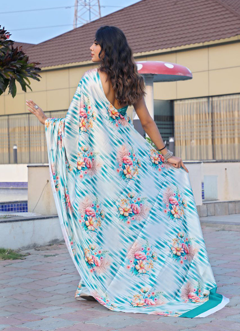 White Original Japan Devsena satin Saree Japan Satin Digital Print Blouse