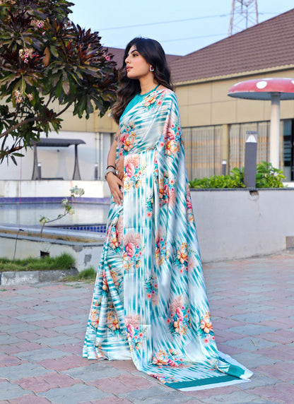 White Original Japan Devsena satin Saree Japan Satin Digital Print Blouse