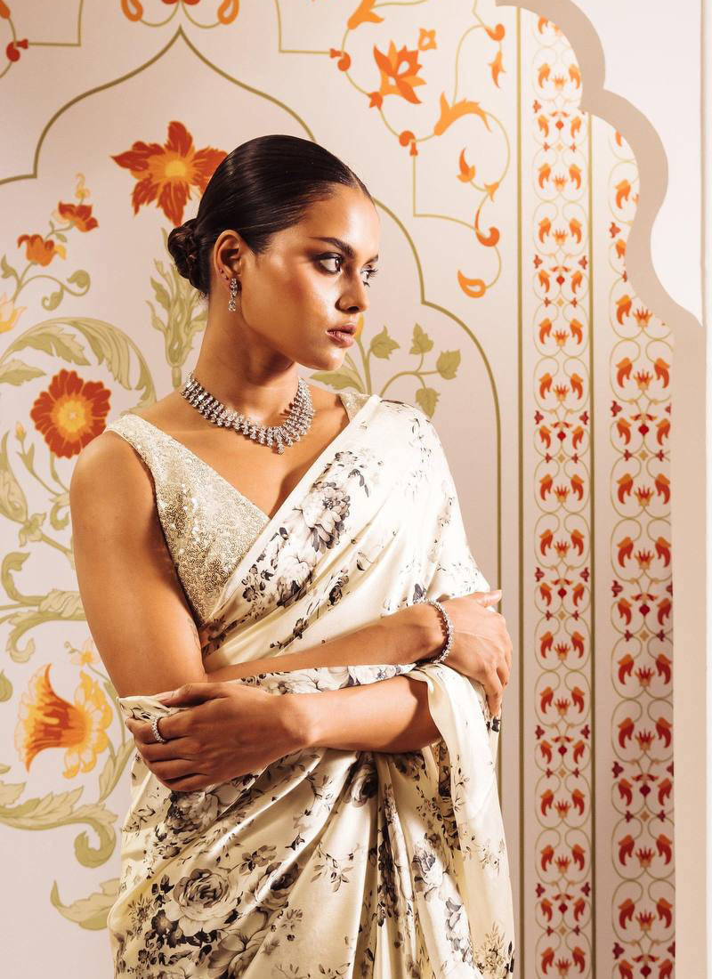 Black Original Japan Devsena satin Saree Japan Satin Digital Print Blouse