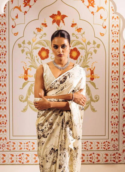 Black Original Japan Devsena satin Saree Japan Satin Digital Print Blouse