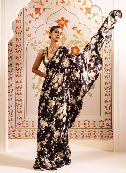 Blue Original Japan Devsena satin Saree Japan Satin Digital Print Blouse