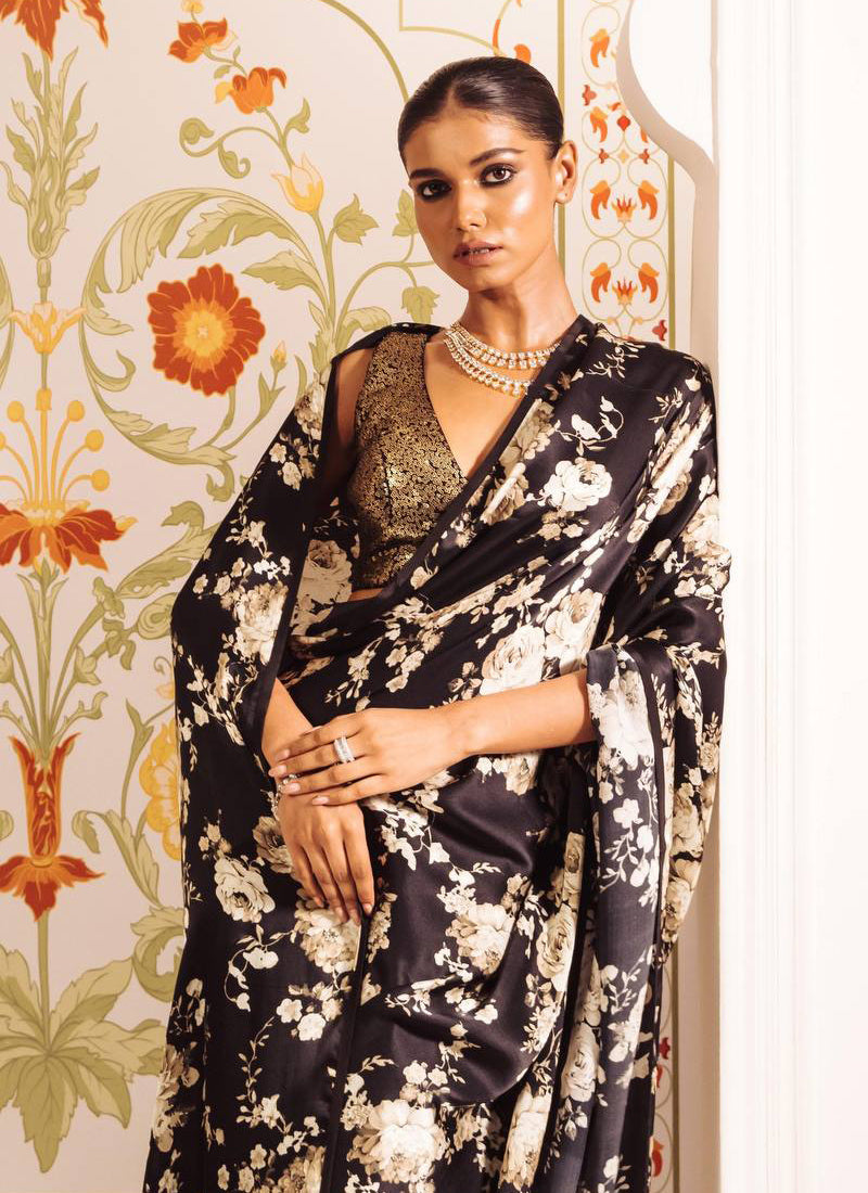 Blue Original Japan Devsena satin Saree Japan Satin Digital Print Blouse