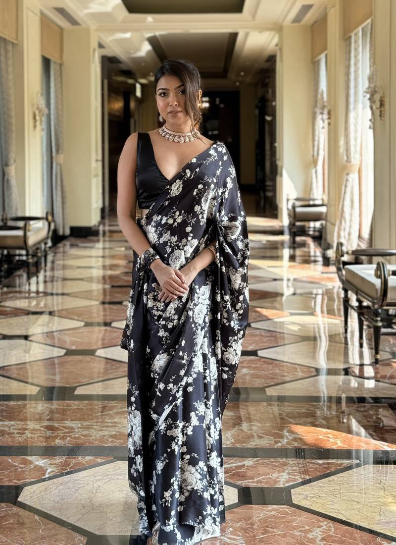 Blue Original Japan Devsena satin Saree Japan Satin Digital Print Blouse