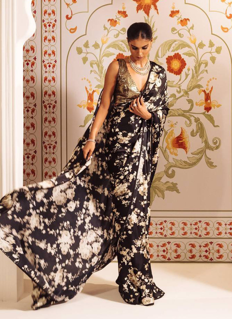 Blue Original Japan Devsena satin Saree Japan Satin Digital Print Blouse