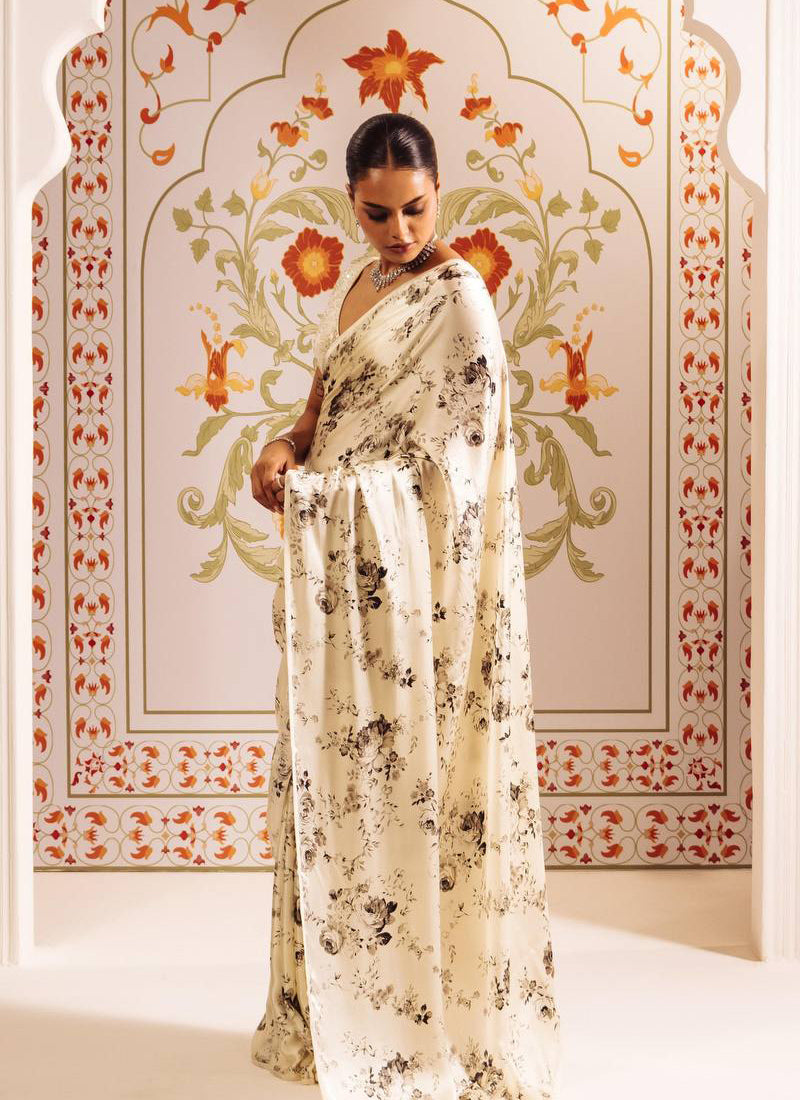 Black Original Japan Devsena satin Saree Japan Satin Digital Print Blouse