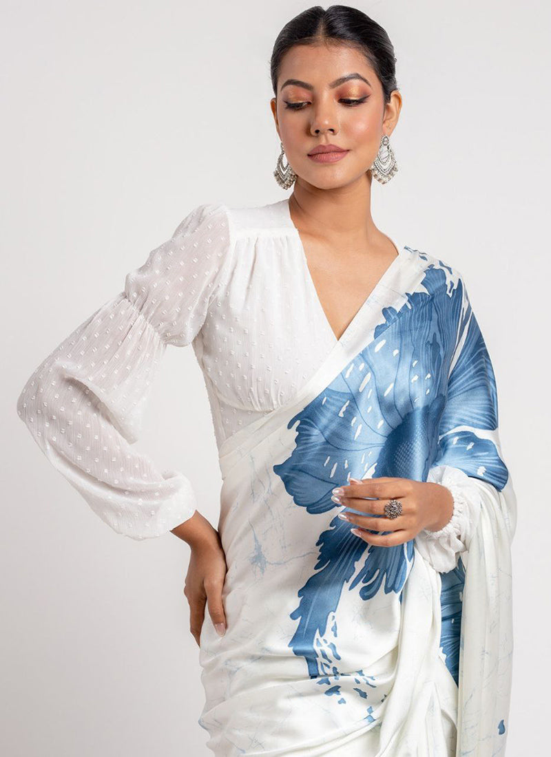 White Original Japan Devsena satin Saree Japan Satin Digital Print Blouse
