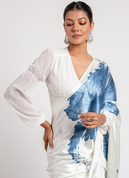 White Original Japan Devsena satin Saree Japan Satin Digital Print Blouse