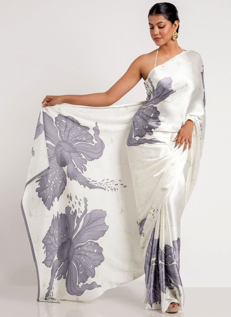 White Original Japan Devsena satin Saree Japan Satin Digital Print Blouse