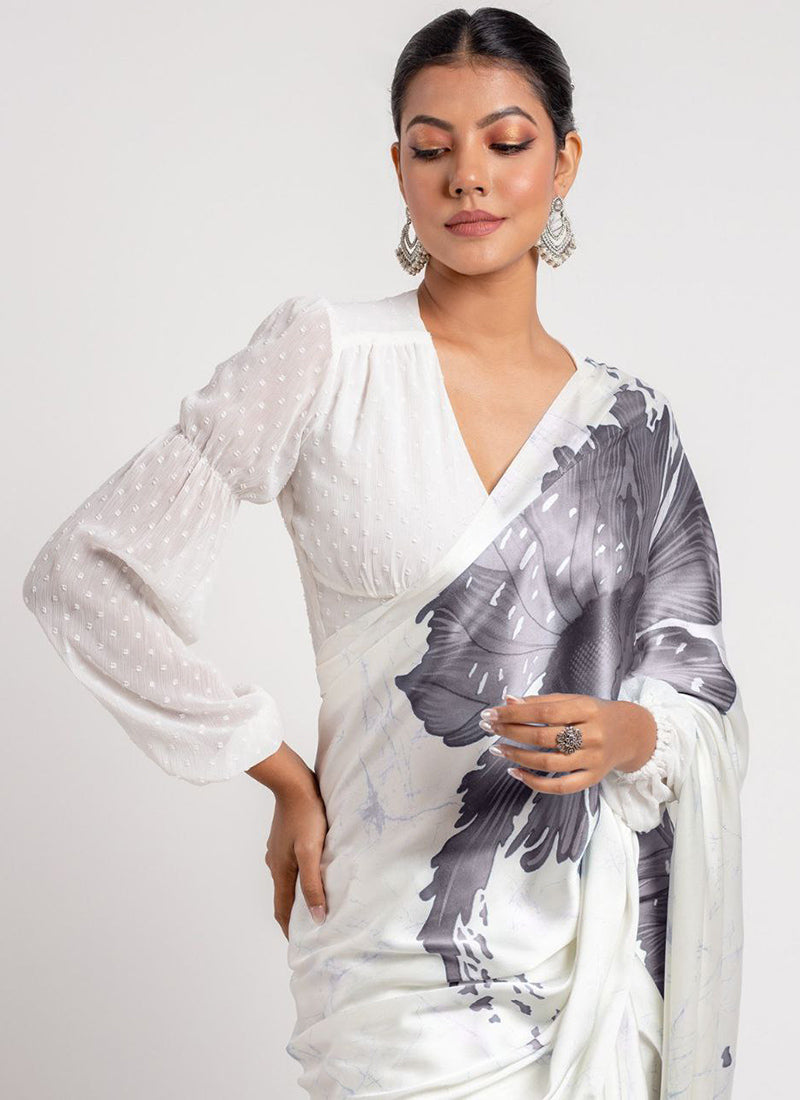 White Original Japan Devsena satin Saree Japan Satin Digital Print Blouse