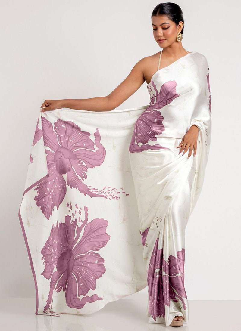 White Original Japan Devsena satin Saree Japan Satin Digital Print Blouse