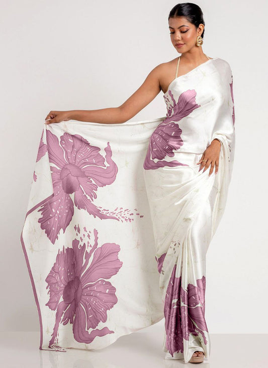 White Original Japan Devsena satin Saree Japan Satin Digital Print Blouse